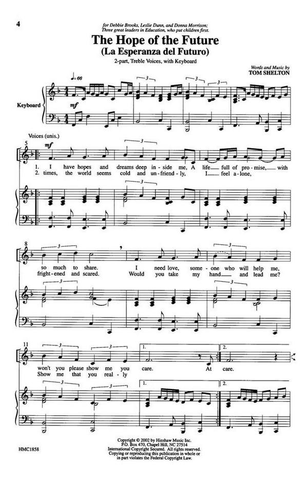Tom Shelton, The Hope Of The Future (La Esperanza Del Futuro)&nbsp;&nbsp;2-Part Choir and Keyboard&nbsp;&nbsp;Chorpartitur
