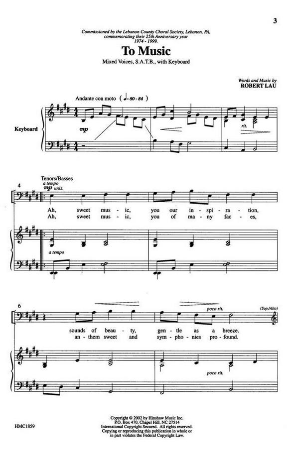 Robert Lau, To Music&nbsp;&nbsp;SATB and Keyboard&nbsp;&nbsp;Chorpartitur