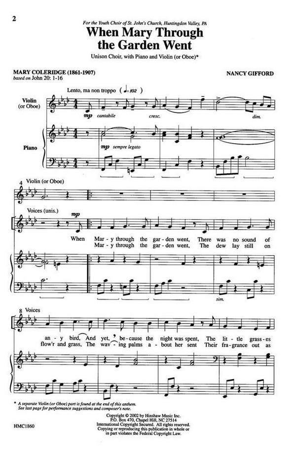Nancy Gifford, When Mary Through The Garden Went&nbsp;&nbsp;Unison, Keyboard/Violin&nbsp;&nbsp;Chorpartitur