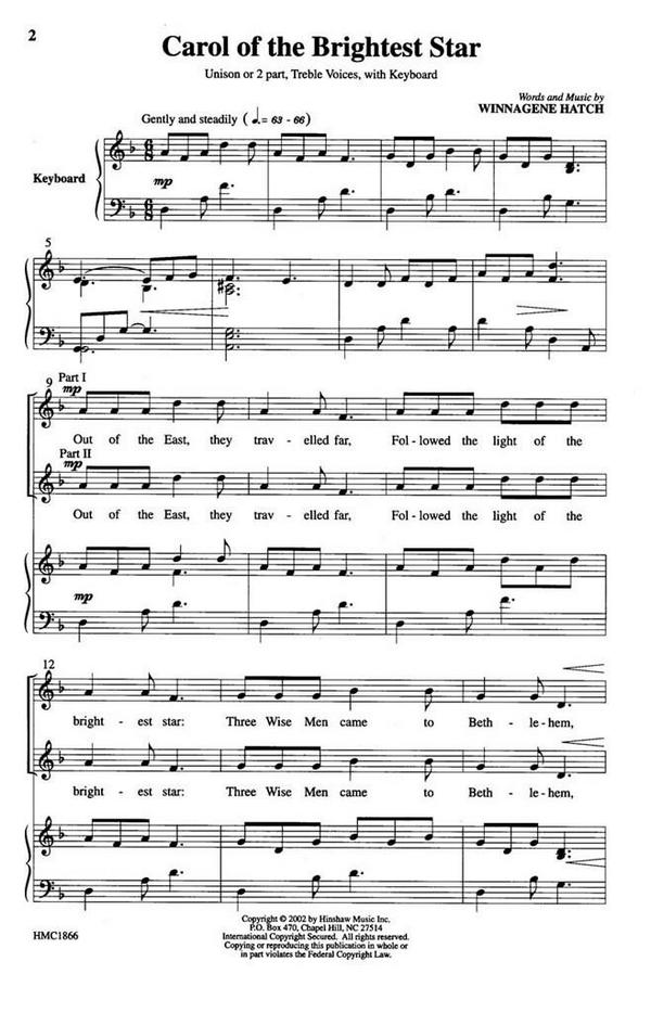 Winnagene Hatch, Carol Of The Brightest Star&nbsp;&nbsp;Unison or 2-Part Treble, Keyboard&nbsp;&nbsp;Chorpartitur