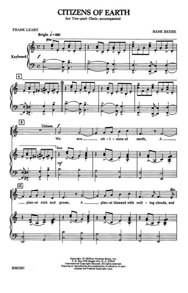 Hank Beebe, Citizens Of Earth&nbsp;&nbsp;2-Part Choir and Keyboard&nbsp;&nbsp;Chorpartitur