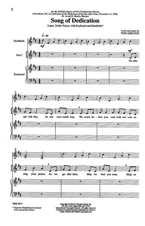 Tom Shelton, Song Of Dedication&nbsp;&nbsp;2-Part Choir and Keyboard&nbsp;&nbsp;Chorpartitur