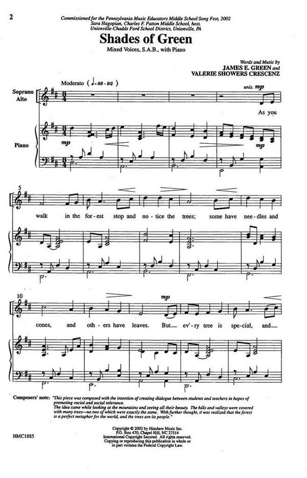 James E. Green, Shades Of Green&nbsp;&nbsp;SAB, Piano&nbsp;&nbsp;Chorpartitur