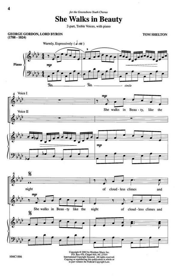 Tom Shelton, She Walks In Beauty&nbsp;&nbsp;2-Part, SA, Piano&nbsp;&nbsp;Chorpartitur