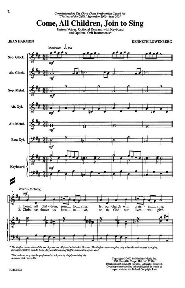 Kenneth Lowenberg, Come, All Children, Join To Sing&nbsp;&nbsp;Unison Choir with descant, Piano&nbsp;&nbsp;Chorpartitur
