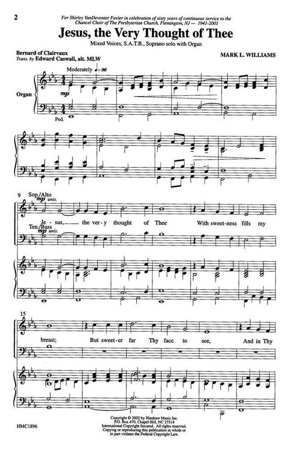 Mark L. Williams, Jesus, The Very Thought Of Thee&nbsp;&nbsp;SATB, Soprano Solo, Organ&nbsp;&nbsp;Chorpartitur