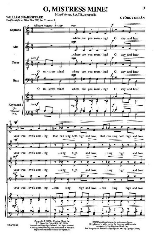 György Orbán, O, Mistress Mine!&nbsp;&nbsp;SATB a Cappella&nbsp;&nbsp;Chorpartitur