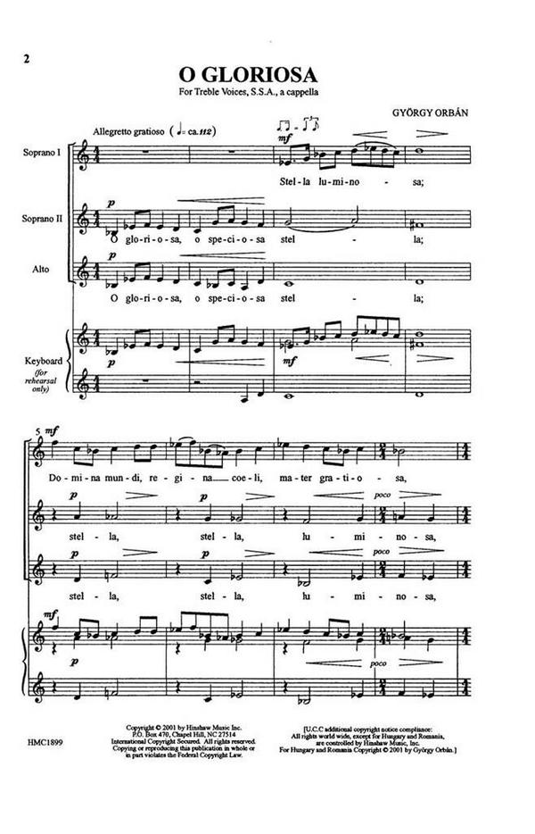 György Orbán, O Gloriosa&nbsp;&nbsp;SSA a Cappella&nbsp;&nbsp;Chorpartitur
