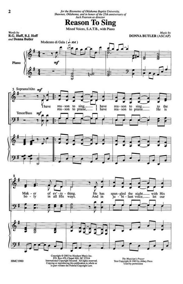 Donna Butler, Reason To Sing&nbsp;&nbsp;SATB and Keyboard&nbsp;&nbsp;Chorpartitur