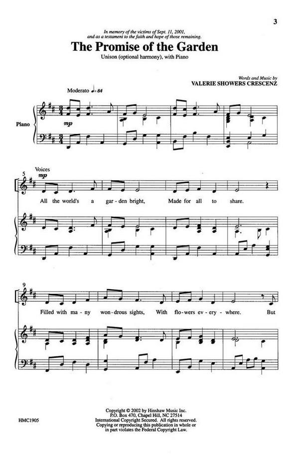 Valerie J. Crescenz, The Promise Of The Garden&nbsp;&nbsp;Unison, Optional Divisi, Piano&nbsp;&nbsp;Chorpartitur