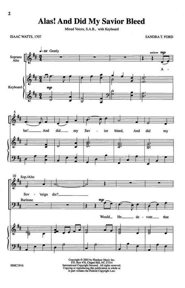 Sandra T. Ford, Alas! And Did My Savior Bleed&nbsp;&nbsp;SAB and Keyboard&nbsp;&nbsp;Chorpartitur