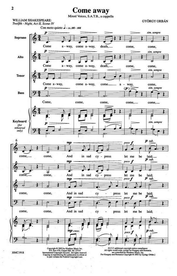 György Orbán, Come Away&nbsp;&nbsp;SATB a Cappella&nbsp;&nbsp;Chorpartitur