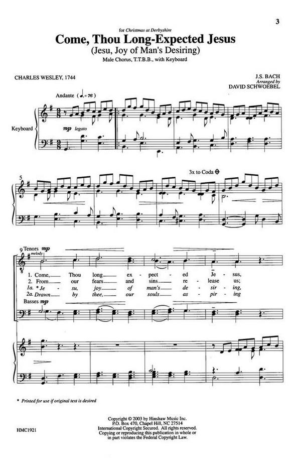 Johann Sebastian Bach, Come, Thou Long Expected Jesus&nbsp;&nbsp;TTBB, Piano&nbsp;&nbsp;Chorpartitur