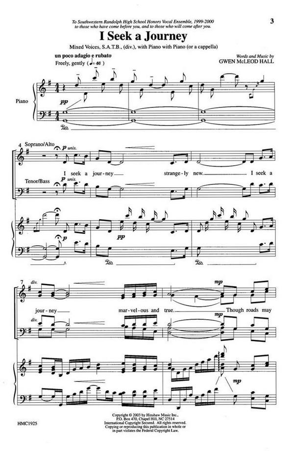 Gwen Mcleod Hall, I Seek A Journey&nbsp;&nbsp;SATB Divisi, Keyboard Or a Cappella&nbsp;&nbsp;Chorpartitur
