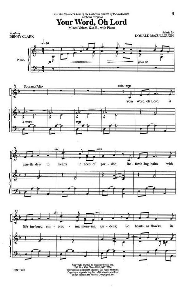 Donald McCullough, Your Word, Oh Lord&nbsp;&nbsp;SAB, Piano&nbsp;&nbsp;Chorpartitur