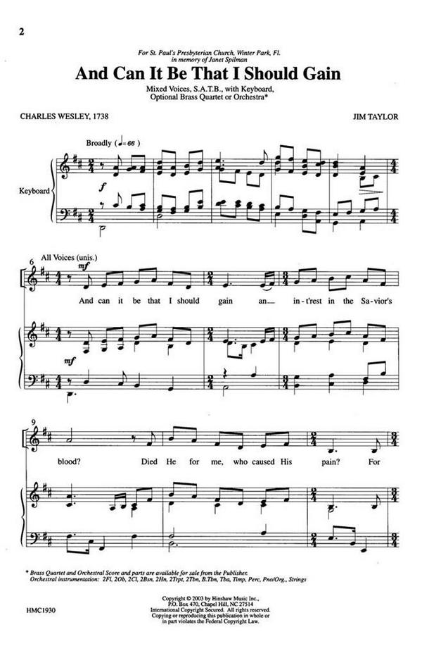 Jim Taylor, And Can It Be That I Should Gain&nbsp;&nbsp;SATB and Keyboard&nbsp;&nbsp;Chorpartitur