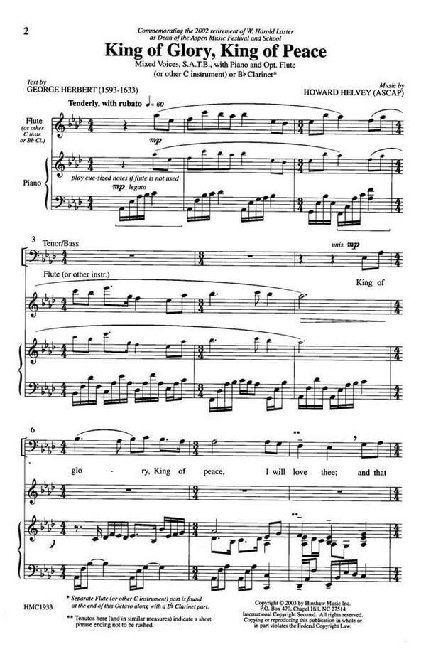 Howard Helvey, King Of Glory, King Of Peace&nbsp;&nbsp;SATB, Piano and Flute&nbsp;&nbsp;Chorpartitur