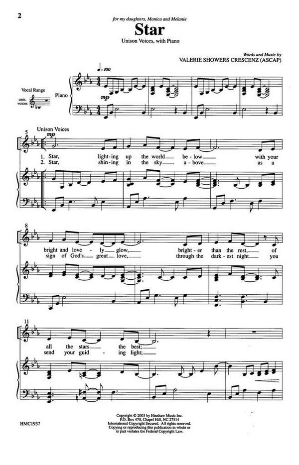 Valerie J. Crescenz, Star&nbsp;&nbsp;Unison, Piano&nbsp;&nbsp;Chorpartitur