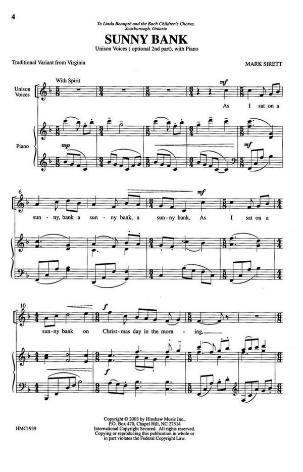 Dr. Mark Sirett, Sunny Bank&nbsp;&nbsp;Unison, Optional Divisi, Piano&nbsp;&nbsp;Chorpartitur