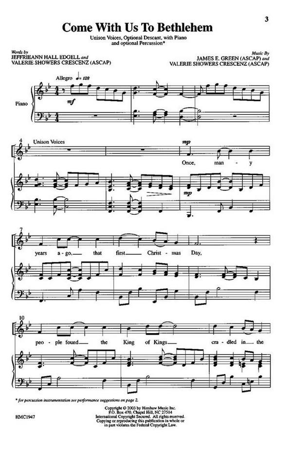 James E. Green, Come With Us To Bethlehem&nbsp;&nbsp;Unison with Optional descant, Piano&nbsp;&nbsp;Chorpartitur