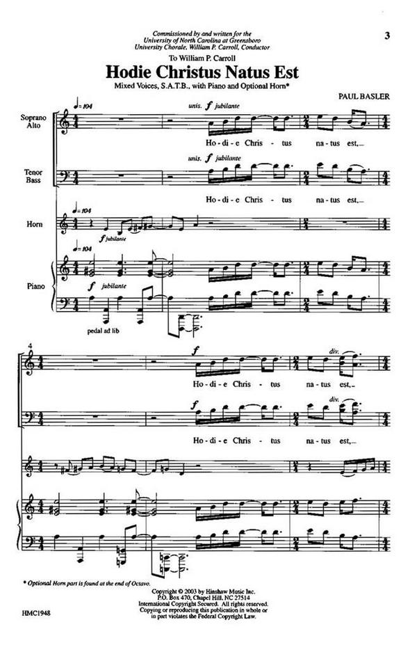 Paul Basler, Hodie Christus Natus Est&nbsp;&nbsp;SATB, Piano and Optional Horn&nbsp;&nbsp;Chorpartitur