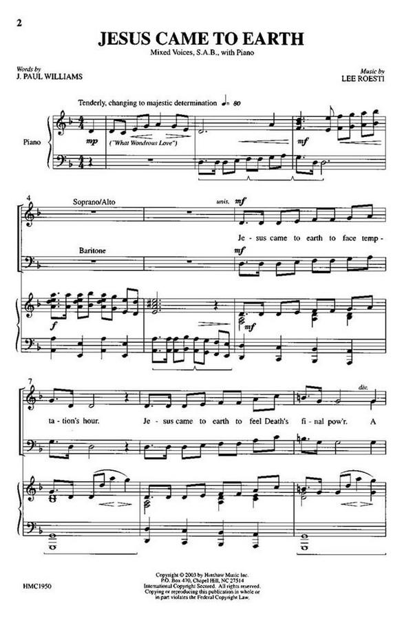 Lee Roesti, Jesus Came To Earth&nbsp;&nbsp;SAB, Piano&nbsp;&nbsp;Chorpartitur