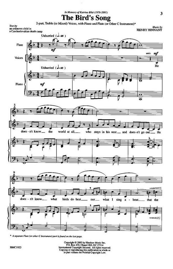 Henry Hinnant, The Bird's Song&nbsp;&nbsp;2-Part, SA, Piano and Flute&nbsp;&nbsp;Chorpartitur