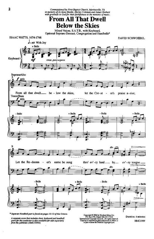 David Schwoebel, From All That Dwell Below The Skies&nbsp;&nbsp;SATB, Congregation, Keyboard, Handbells&nbsp;&nbsp;Chorpartitur