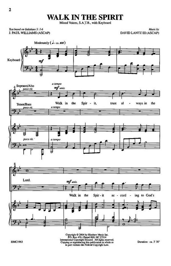 David III Lantz, Walk In The Spirit&nbsp;&nbsp;SATB and Keyboard&nbsp;&nbsp;Chorpartitur