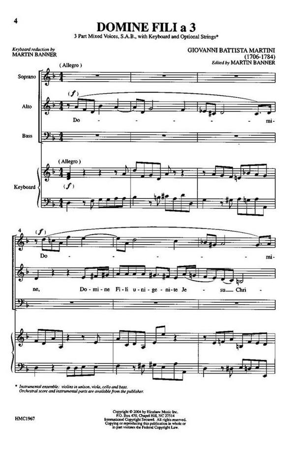 Giovanni Battista Martini, Domine Fili A 3&nbsp;&nbsp;SAB and Keyboard&nbsp;&nbsp;Chorpartitur