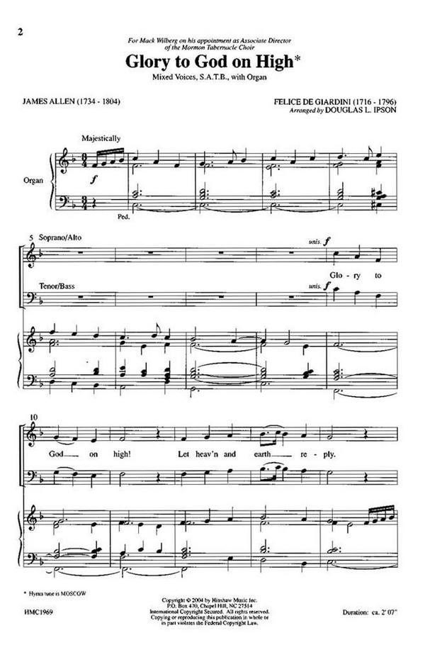 Felice de Giardini, Glory To God On High&nbsp;&nbsp;SATB Divisi, Organ&nbsp;&nbsp;Chorpartitur