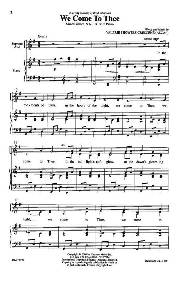 Valerie J. Crescenz, We Come To Thee&nbsp;&nbsp;SATB, Piano&nbsp;&nbsp;Chorpartitur