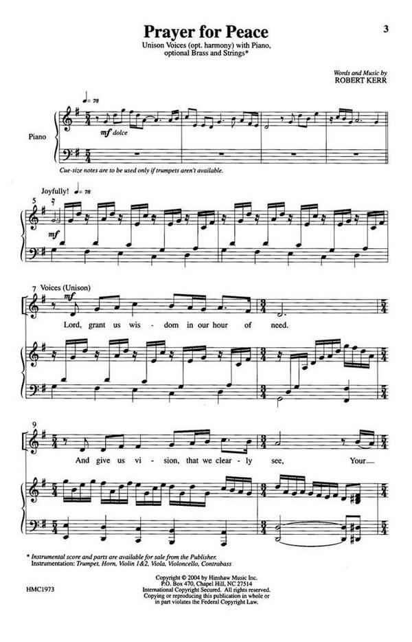 Robert Kerr, Prayer For Peace&nbsp;&nbsp;Unison or 2-Part, Piano&nbsp;&nbsp;Chorpartitur