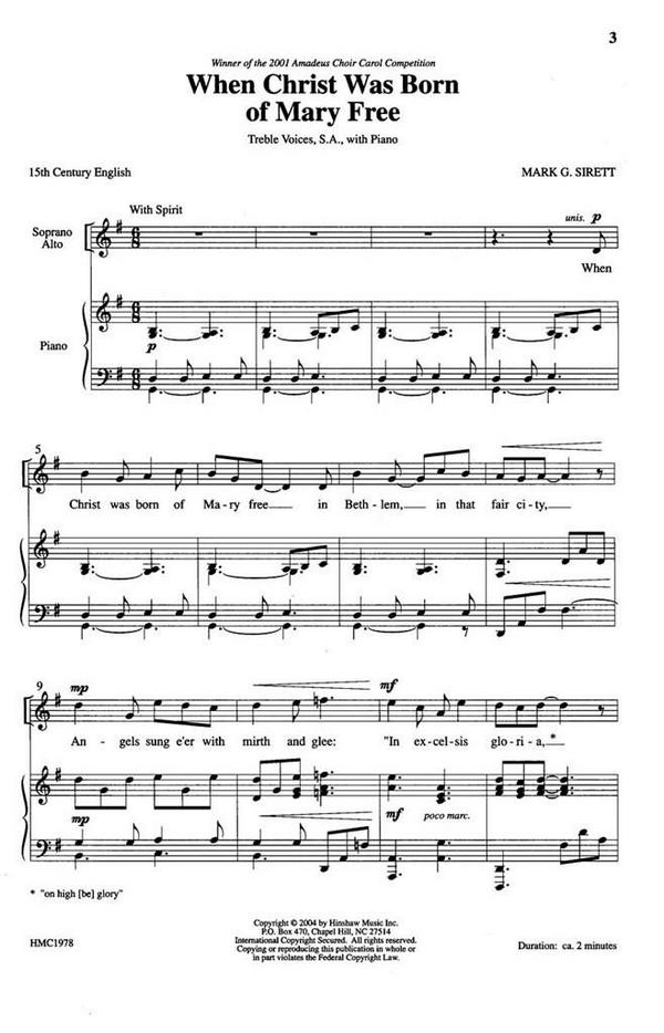 Dr. Mark Sirett, When Christ Was Born Of Mary Free&nbsp;&nbsp;SA, Piano&nbsp;&nbsp;Chorpartitur