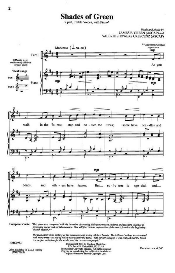 James E. Green, Shades Of Green&nbsp;&nbsp;2-Part, SA, Piano&nbsp;&nbsp;Chorpartitur