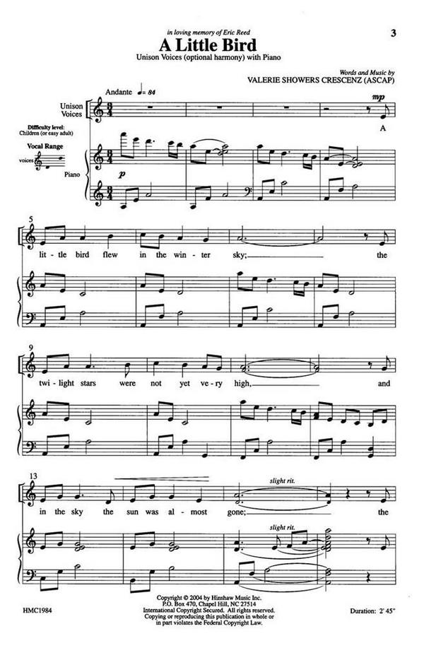 Valerie J. Crescenz, A Little Bird&nbsp;&nbsp;Unison, Optional Divisi, Piano&nbsp;&nbsp;Chorpartitur