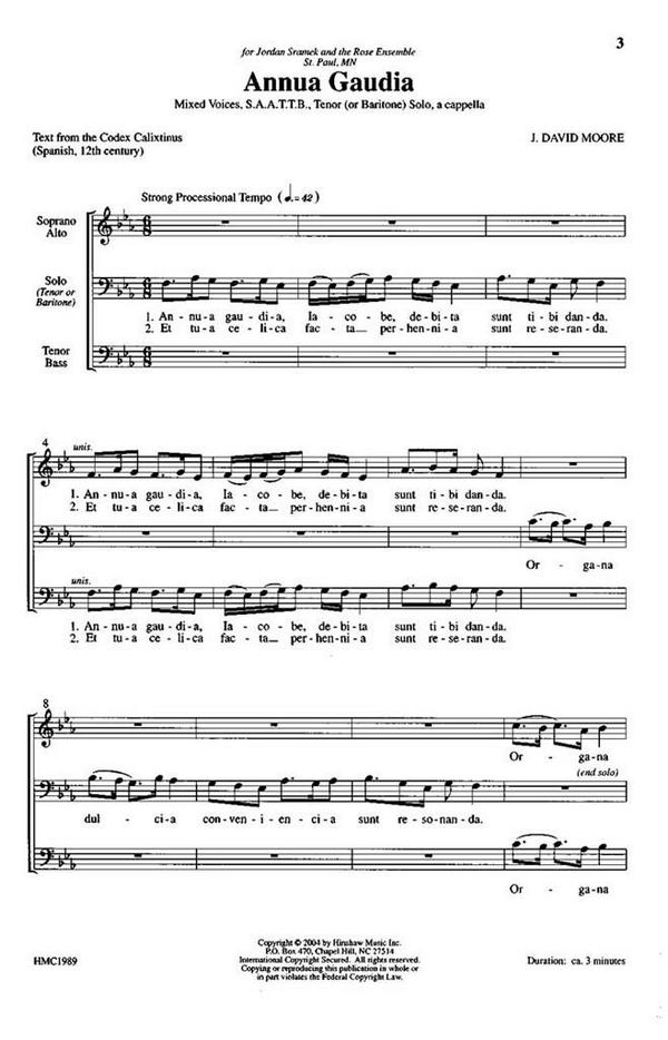 J David Moore, Annua Gaudia&nbsp;&nbsp;Tenor Solo, SAATTB, a Cappella&nbsp;&nbsp;Chorpartitur