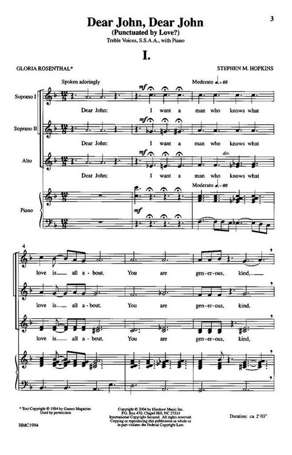 Steve Hopkins, Dear John, Dear John&nbsp;&nbsp;SSAA, Piano&nbsp;&nbsp;Chorpartitur
