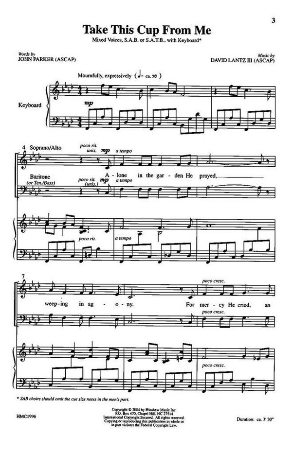 David III Lantz, Take This Cup From Me&nbsp;&nbsp;SAB, Optional 4-Part, Keyboard&nbsp;&nbsp;Chorpartitur
