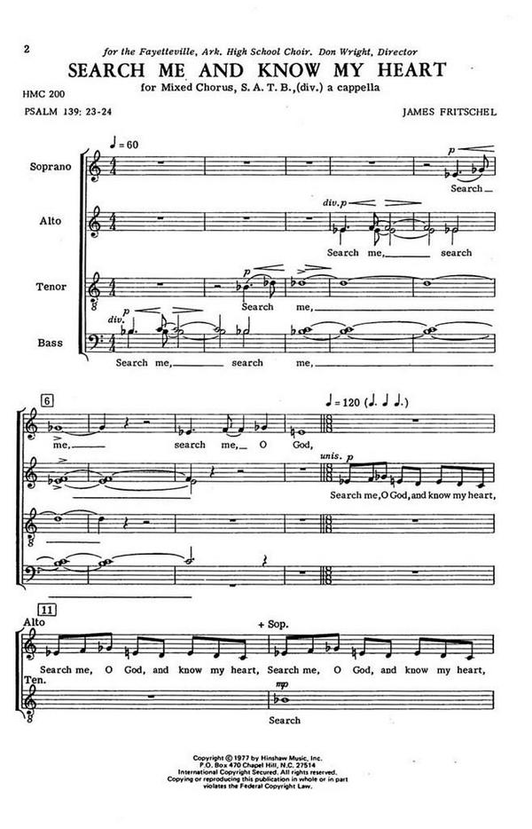 James Fritschel, Search Me And Know My Heart&nbsp;&nbsp;SATB Divisi a Cappella&nbsp;&nbsp;Chorpartitur