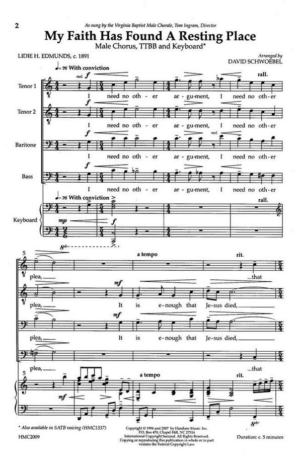 David Schwoebel, My Faith Has Found A Resting Place&nbsp;&nbsp;TTBB, Keyboard&nbsp;&nbsp;Chorpartitur