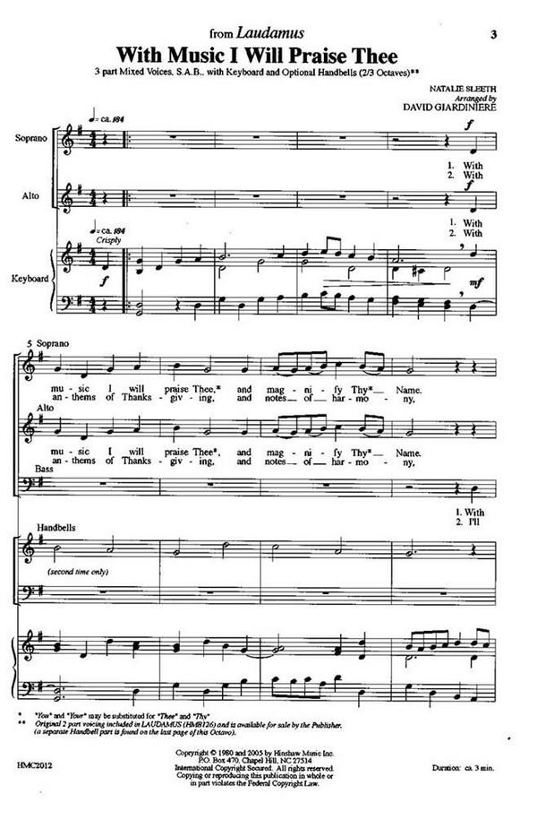 Natalie Sleeth, With Music I Will Praise Thee&nbsp;&nbsp;SAB, Piano&nbsp;&nbsp;Chorpartitur