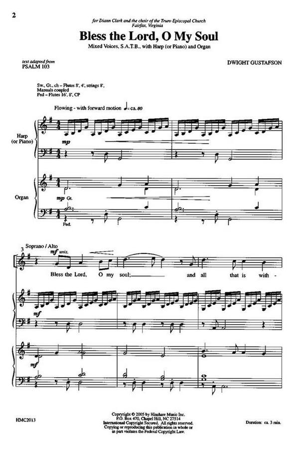 Dwight Gustafson, Bless The Lord, O My Soul&nbsp;&nbsp;SATB, Organ and Harp Or Piano&nbsp;&nbsp;Chorpartitur