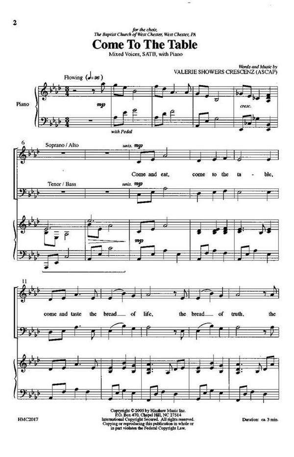 Valerie J. Crescenz, Come To The Table&nbsp;&nbsp;SATB, Piano&nbsp;&nbsp;Chorpartitur