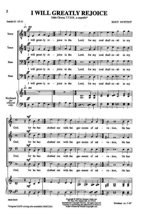 Knut Nystedt, I Will Greatly Rejoice&nbsp;&nbsp;TTBB a Cappella&nbsp;&nbsp;Chorpartitur