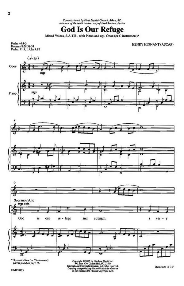 Henry Hinnant, God Is Our Refuge&nbsp;&nbsp;SATB, Piano and Oboe&nbsp;&nbsp;Chorpartitur