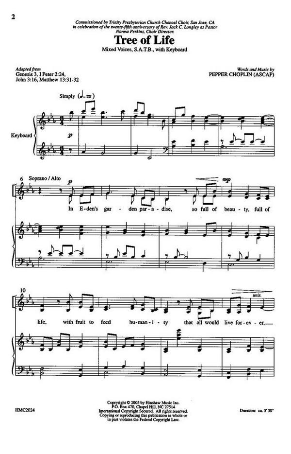Pepper Choplin, Tree Of Life&nbsp;&nbsp;SATB and Organ&nbsp;&nbsp;Chorpartitur