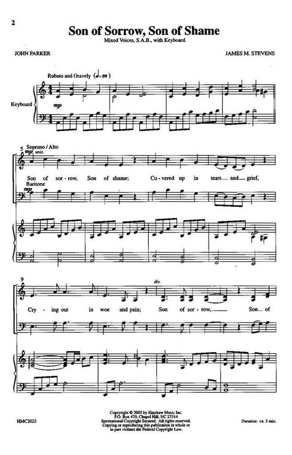 James Michael Stevens, Son Of Sorrow, Son Of Shame&nbsp;&nbsp;SAB and Keyboard&nbsp;&nbsp;Chorpartitur