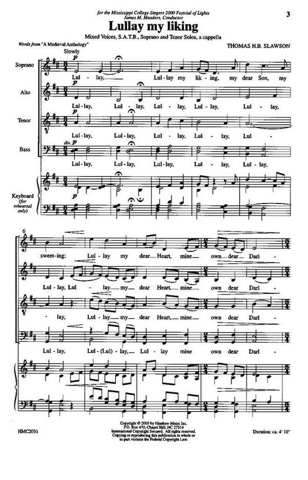 Thomas Slawson, Lullay My Liking&nbsp;&nbsp;SATB with Soprano and Tenor Soloists, a Cappella&nbsp;&nbsp;Chorpartitur