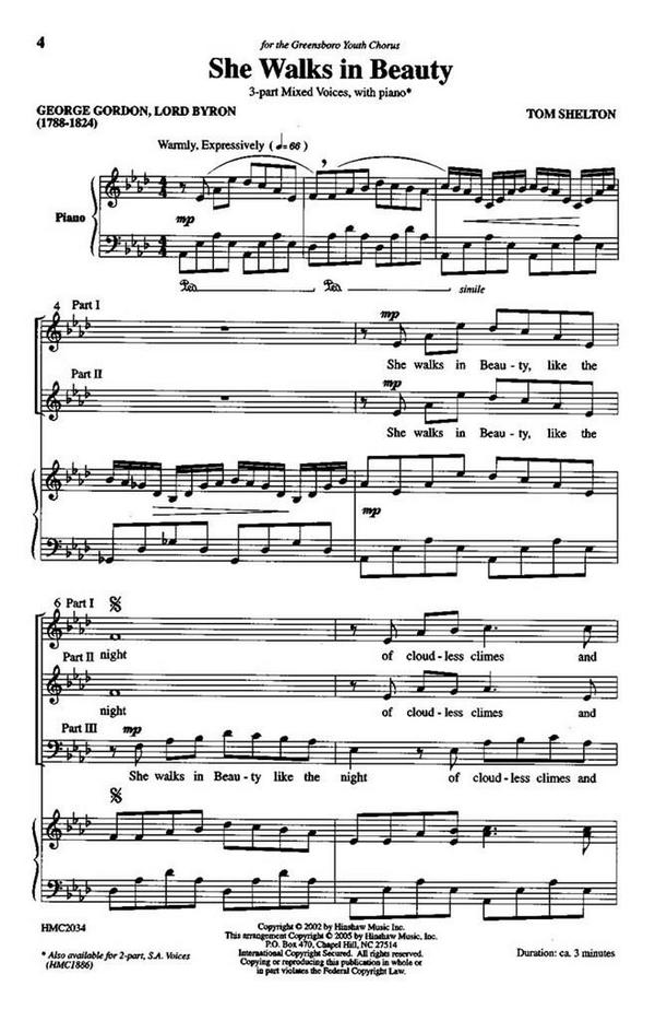 Tom Shelton, She Walks In Beauty&nbsp;&nbsp;3-Part Choir and Piano&nbsp;&nbsp;Chorpartitur